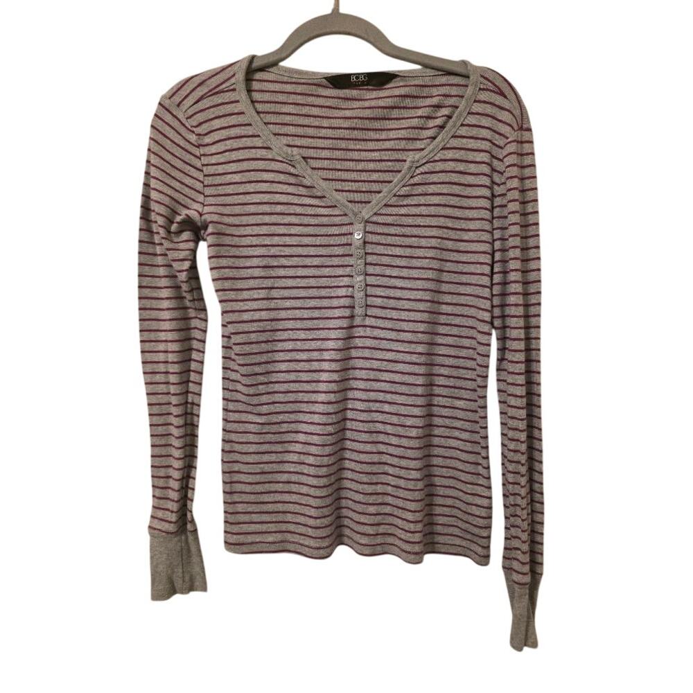 BCBG Paris Womens S Gray Burgundy Stripe Henley Long Sleeve Y2K Top